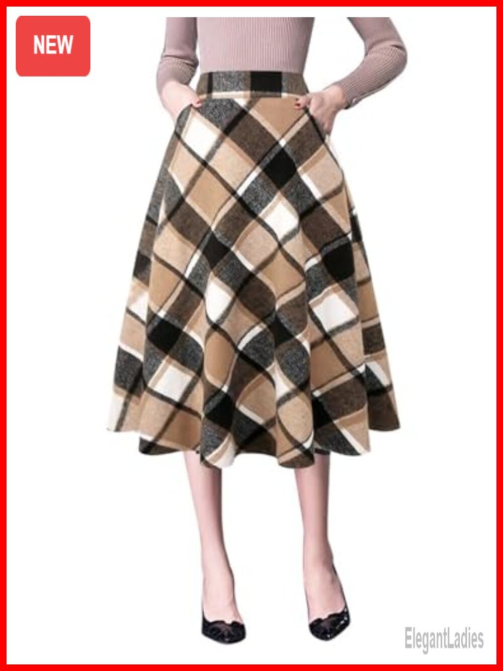 Womens Plaid Midi Skirt High Waist A-Line Pleated Fall Winter Wool